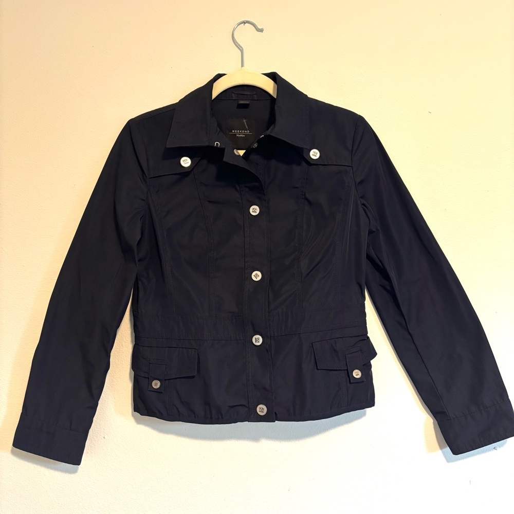 Weekend Max Mara Cropped Utility Jacket Women’s Size 2 Navy Blue Snap Closure